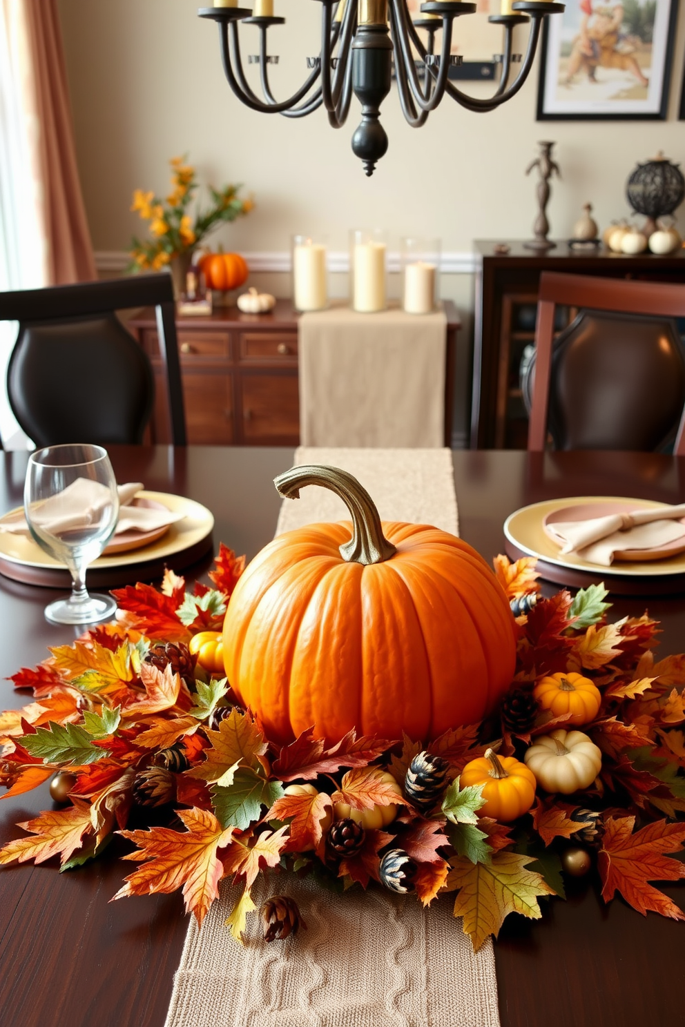 A beautiful dining table adorned with a pumpkin centerpiece. Surrounding the pumpkin are seasonal decorations like colorful leaves and small gourds, creating a warm and inviting atmosphere.