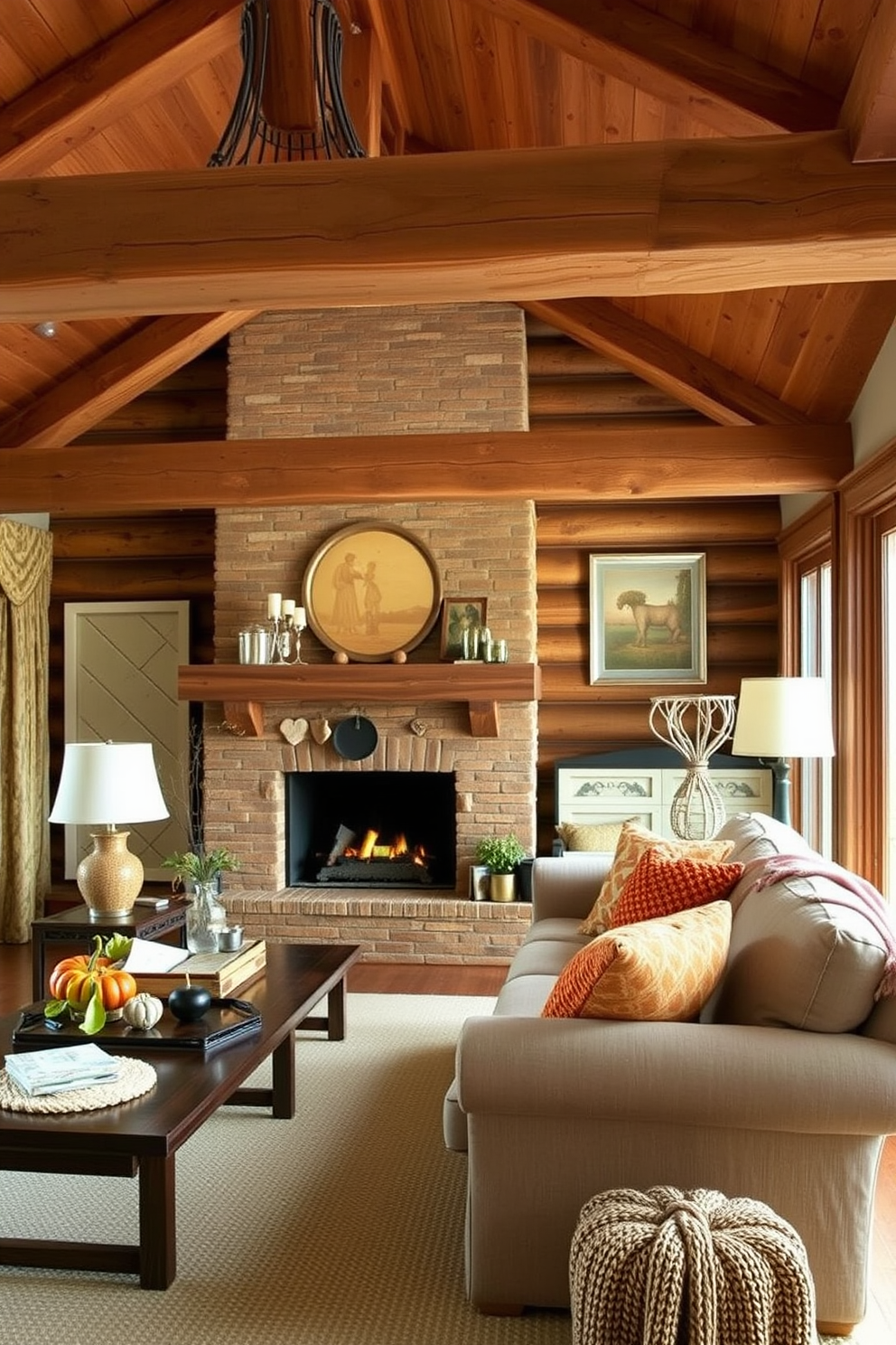 Natural wood elements in decor create a warm and inviting atmosphere. Incorporate wooden beams on the ceiling and reclaimed wood furniture to enhance the rustic charm of the space. For fall decorating ideas, use rich autumn colors like deep oranges and browns in your accents. Add cozy textiles such as knitted throws and plush cushions to create a comfortable, seasonal ambiance.