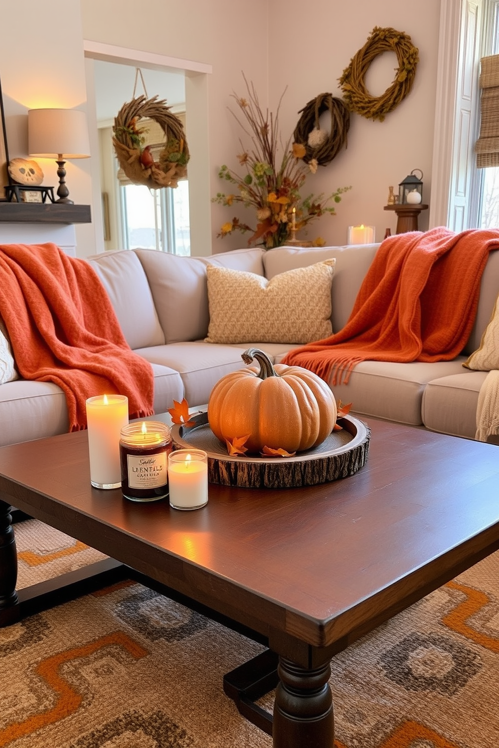 A cozy living room adorned with fall scented candles placed on a wooden coffee table. The warm glow of the candles complements the rich, earthy tones of the autumn-themed decor scattered throughout the space. Plush throw blankets in shades of orange and gold drape over the sofa, inviting relaxation. A rustic pumpkin centerpiece adds a seasonal touch, enhancing the overall ambiance of comfort and warmth.