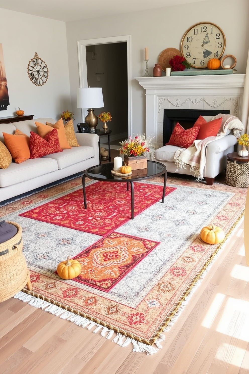 A cozy living room adorned with layered rugs that add depth and texture to the space. The base rug is a large neutral-toned piece, while smaller, colorful patterned rugs are artfully placed on top to create visual interest. Seasonal decor elements are incorporated to enhance the fall aesthetic. Warm hues of orange, red, and gold are featured in throw pillows, blankets, and decorative pumpkins scattered throughout the room.