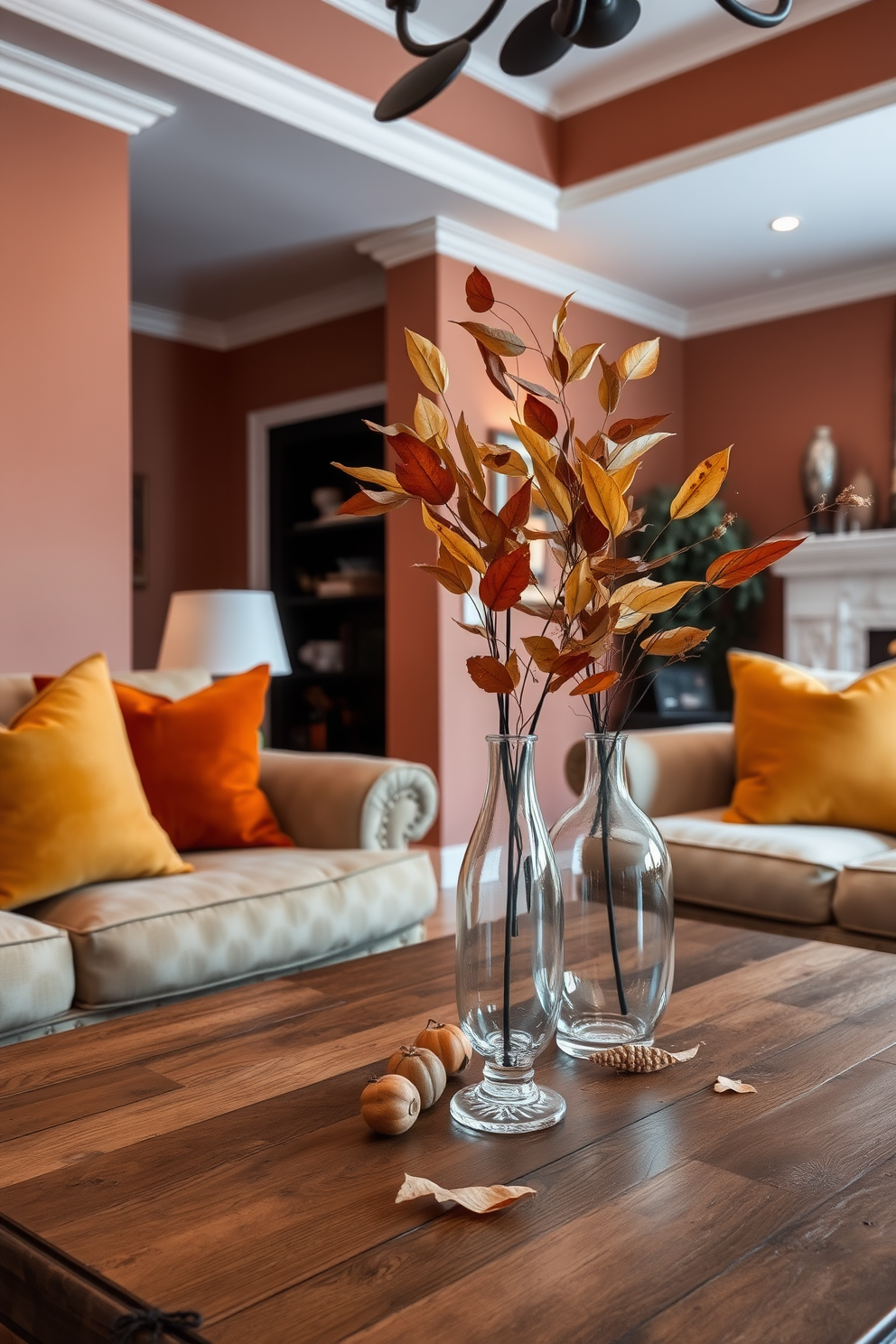 A cozy living room adorned with dried leaves in elegant glass vases. The vases are strategically placed on a rustic wooden coffee table, adding a touch of autumn charm to the space. The walls are painted in warm earthy tones, complemented by plush cushions in deep orange and mustard yellow. Soft, ambient lighting creates a welcoming atmosphere, perfect for enjoying the fall season.