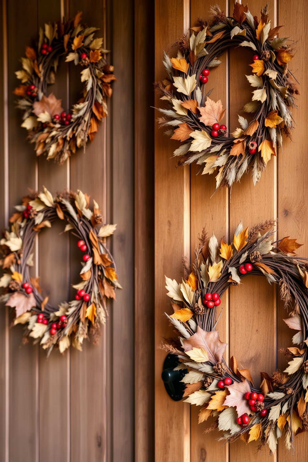 A collection of wreaths made from natural materials is displayed on a rustic wooden door. Each wreath features a mix of dried leaves, pinecones, and seasonal berries, creating a warm and inviting autumn atmosphere. The vibrant colors of the foliage complement the earthy tones of the door, enhancing the overall aesthetic. Soft natural light filters through, highlighting the textures and details of the wreaths, making them the focal point of the entrance.