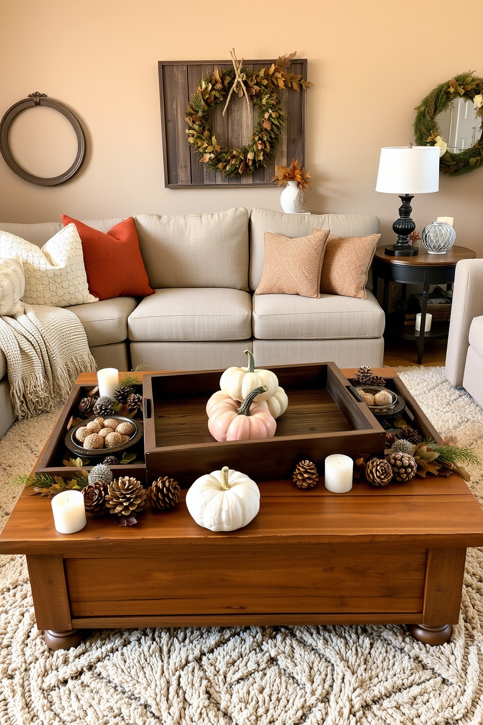 A cozy living room adorned with rustic wooden trays showcasing seasonal decorations. The trays are filled with pumpkins, pinecones, and autumn leaves, creating a warm and inviting atmosphere. A wooden coffee table features a large tray in the center, surrounded by soft blankets and candles. The space is complemented by earthy tones, with a backdrop of warm beige walls and a plush, textured rug.