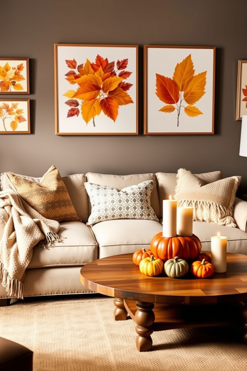 Create a cozy living room adorned with autumn-themed wall art prints. The prints showcase vibrant leaves, pumpkins, and warm color palettes that evoke the essence of fall. Incorporate decorative elements like a plush throw blanket and seasonal pillows on a neutral sofa. A wooden coffee table is topped with a centerpiece of gourds and candles, enhancing the autumn ambiance.