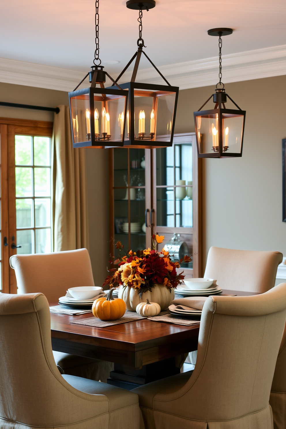 Hanging lanterns create a warm and inviting ambiance in the dining room. The lanterns are elegantly suspended above a rustic wooden dining table, surrounded by plush upholstered chairs. For fall decorating, rich autumnal colors adorn the table setting. A centerpiece of seasonal flowers and pumpkins adds a touch of seasonal charm to the space.