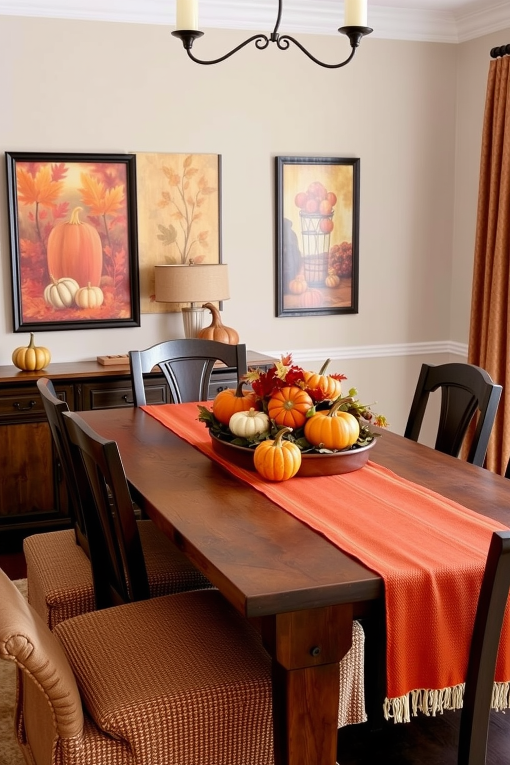 Harvest themed wall art adds a warm and inviting touch to your fall dining room. Featuring vibrant autumn colors and seasonal motifs, the artwork complements a rustic wooden dining table adorned with a centerpiece of pumpkins and gourds. Incorporate textured table linens in deep oranges and browns to enhance the cozy atmosphere. Surround the dining area with soft, ambient lighting to create an intimate setting perfect for gatherings.