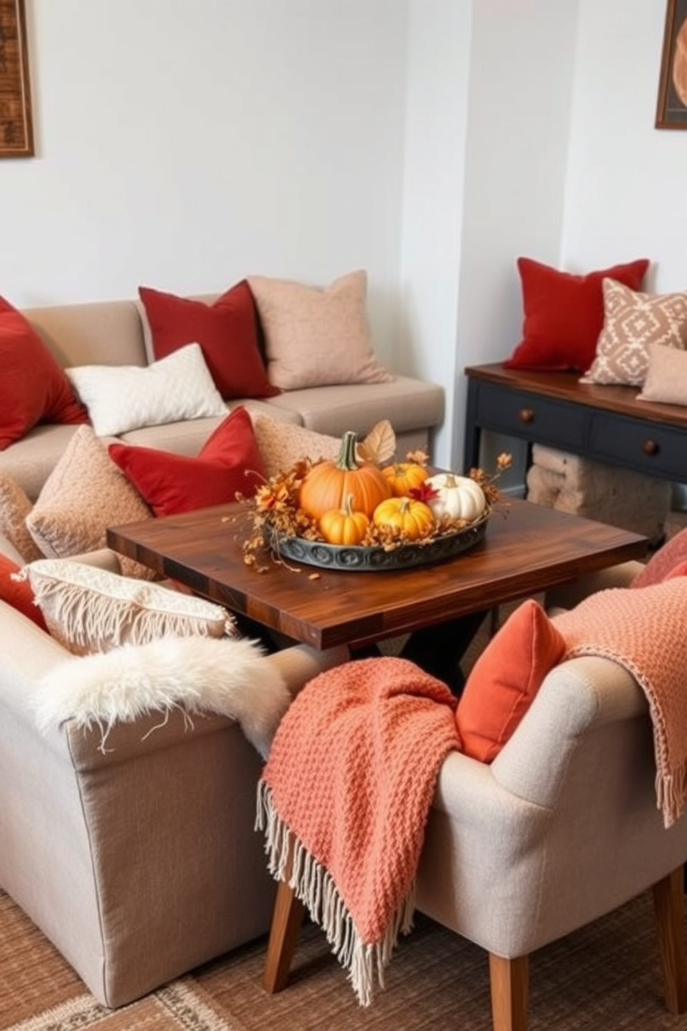 Cozy seating arrangement featuring plush cushions in warm autumn colors. A rustic wooden dining table is adorned with a seasonal centerpiece of pumpkins and leaves, creating an inviting atmosphere. Soft throws are draped over the chairs, adding texture and warmth to the space. The room is illuminated by soft lighting, enhancing the cozy ambiance perfect for fall gatherings.