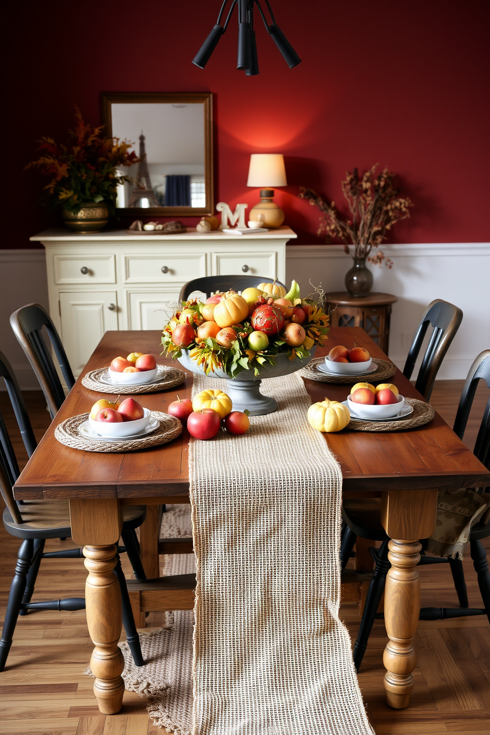 A warm and inviting dining room featuring a rustic wooden table set for a seasonal feast. On the table, decorative bowls filled with vibrant fall fruits like apples, pears, and pumpkins create a stunning centerpiece. The walls are adorned with rich autumn hues, and soft lighting casts a cozy glow over the space. Surrounding the table, mismatched chairs add charm, while a woven table runner enhances the seasonal theme.