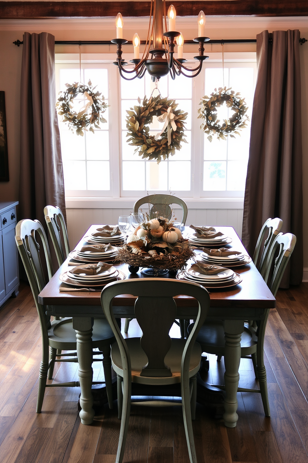 A cozy dining room adorned with wreaths made of dried leaves as centerpieces. The table is set with rustic wooden dishes and surrounded by mismatched vintage chairs, creating a warm and inviting atmosphere.