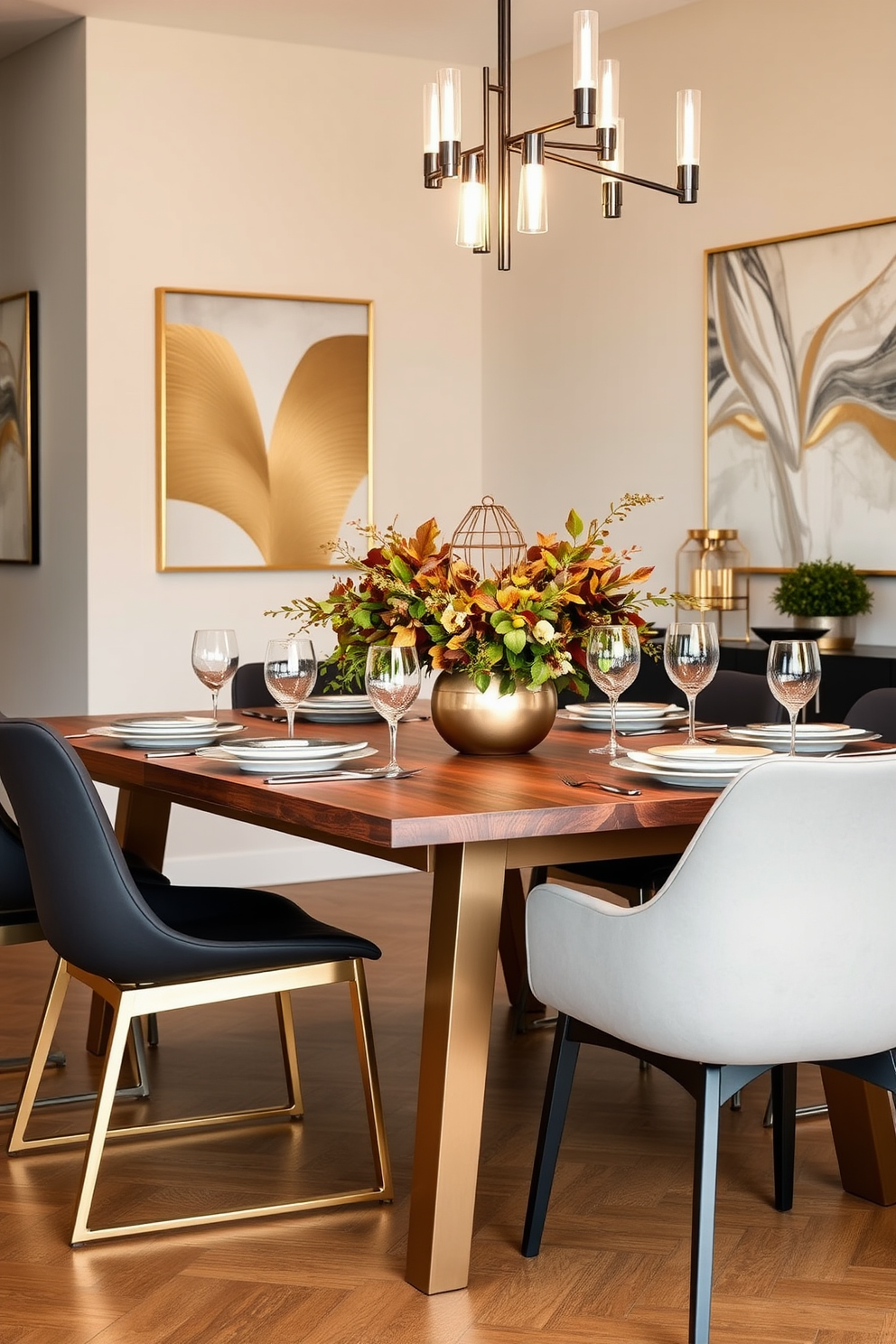 A modern dining room featuring a sleek wooden table with mixed metal accents in the form of brushed gold and matte black chair legs. The table is set with elegant dinnerware and a centerpiece of seasonal foliage in a metallic vase, creating a warm and inviting atmosphere. The walls are adorned with contemporary art pieces that incorporate gold and silver tones, complementing the mixed metal theme. Soft ambient lighting from a stylish chandelier enhances the space, casting a cozy glow over the dining area.