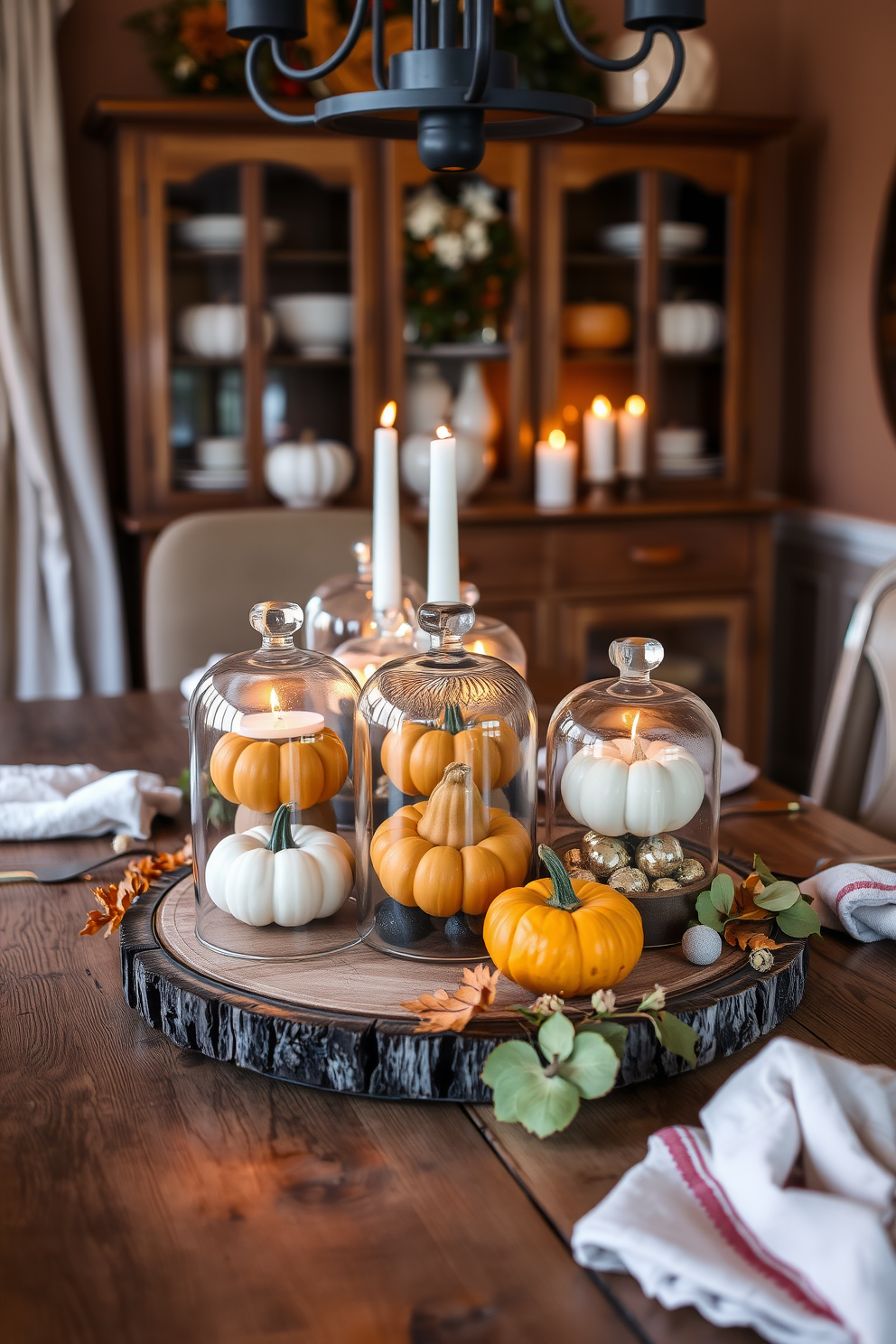 A cozy dining room setting adorned with glass cloches showcasing mini pumpkins on a rustic wooden table. The warm autumn colors of the decor create an inviting atmosphere with soft candlelight illuminating the space.