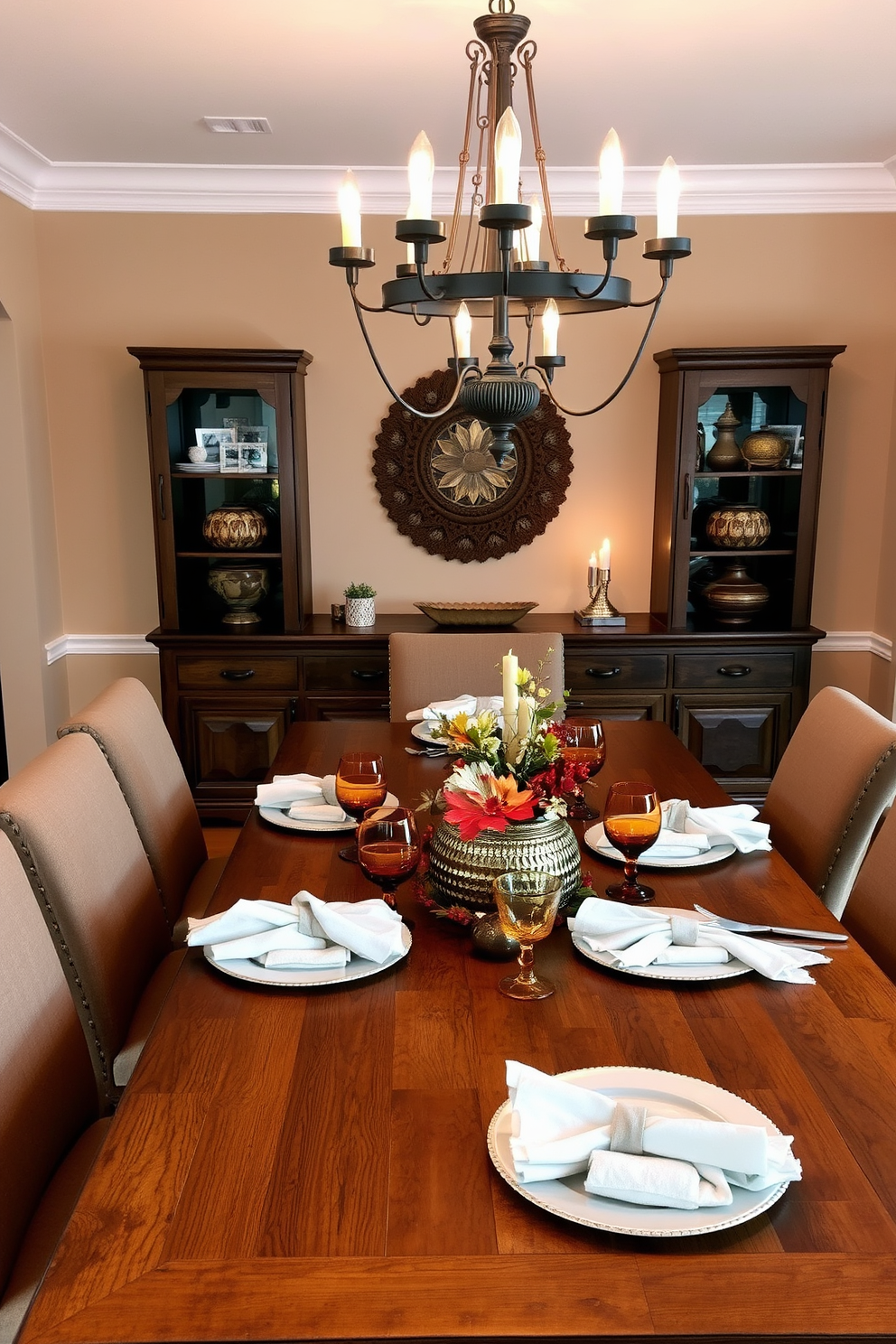 A cozy dining room setting adorned with a rustic wooden table. The table is elegantly set with warm amber glassware, complemented by soft linen napkins and seasonal centerpieces featuring autumn foliage. Surrounding the table are comfortable upholstered chairs in earthy tones. The walls are painted in a warm beige, and a statement chandelier hangs above, casting a soft glow over the inviting space.