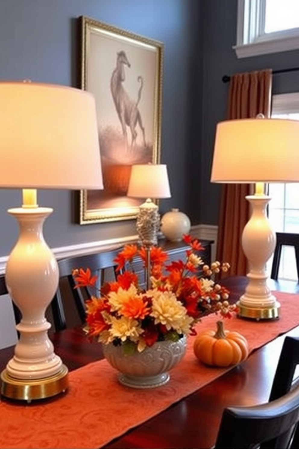 Chic table lamps for added warmth. The lamps feature elegant ceramic bases with soft, neutral tones and warm, ambient lighting that enhances the cozy atmosphere of the dining room. Fall dining room decorating ideas. Incorporate rich autumn colors like deep oranges and warm browns through table runners, seasonal centerpieces, and decorative accents that evoke the spirit of the season.