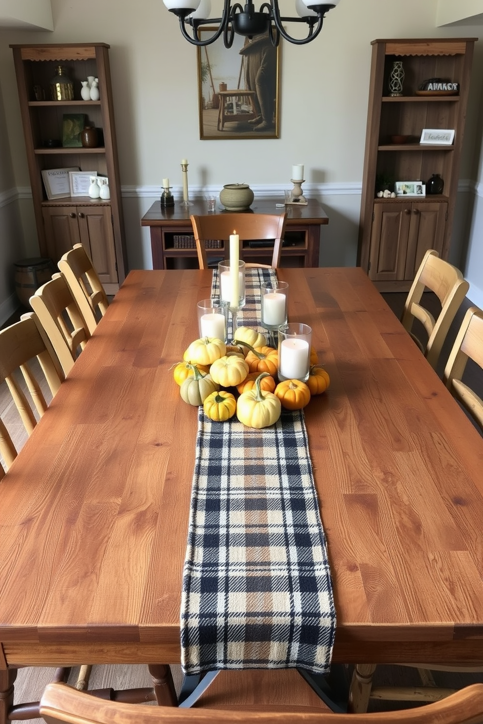 A rustic dining room setting featuring a large wooden table as the focal point. Surrounding the table are mismatched wooden chairs, each with unique finishes and textures. At the center of the table, an arrangement of small pumpkins in various colors creates a warm autumn vibe. The table is adorned with a cozy plaid table runner and flickering candles in glass holders.