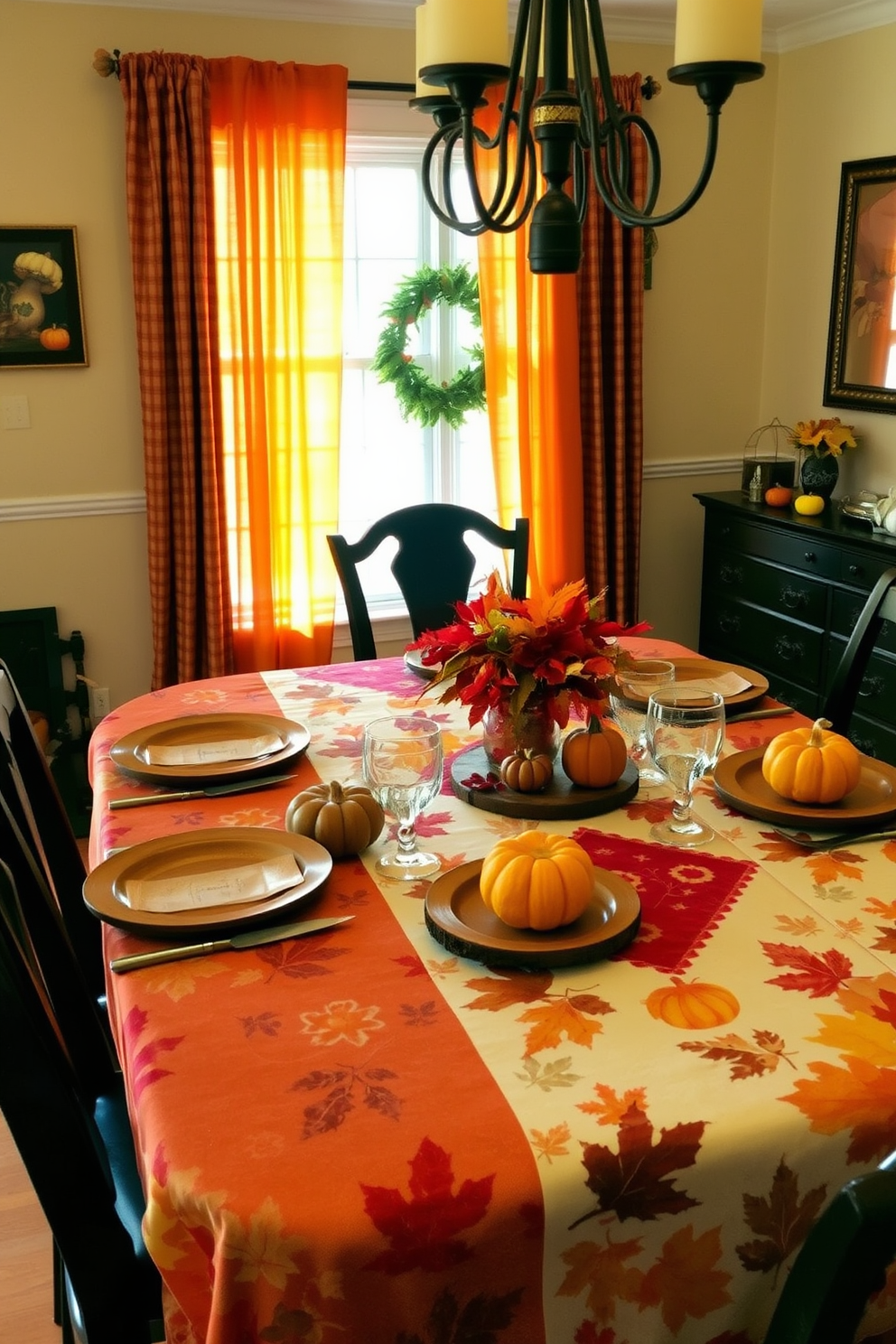 A cozy dining room adorned with fall-themed tablecloths featuring vibrant colors such as deep oranges, rich reds, and golden yellows. The table is set with rustic wooden plates and seasonal centerpieces made of pumpkins and autumn leaves, creating a warm and inviting atmosphere.