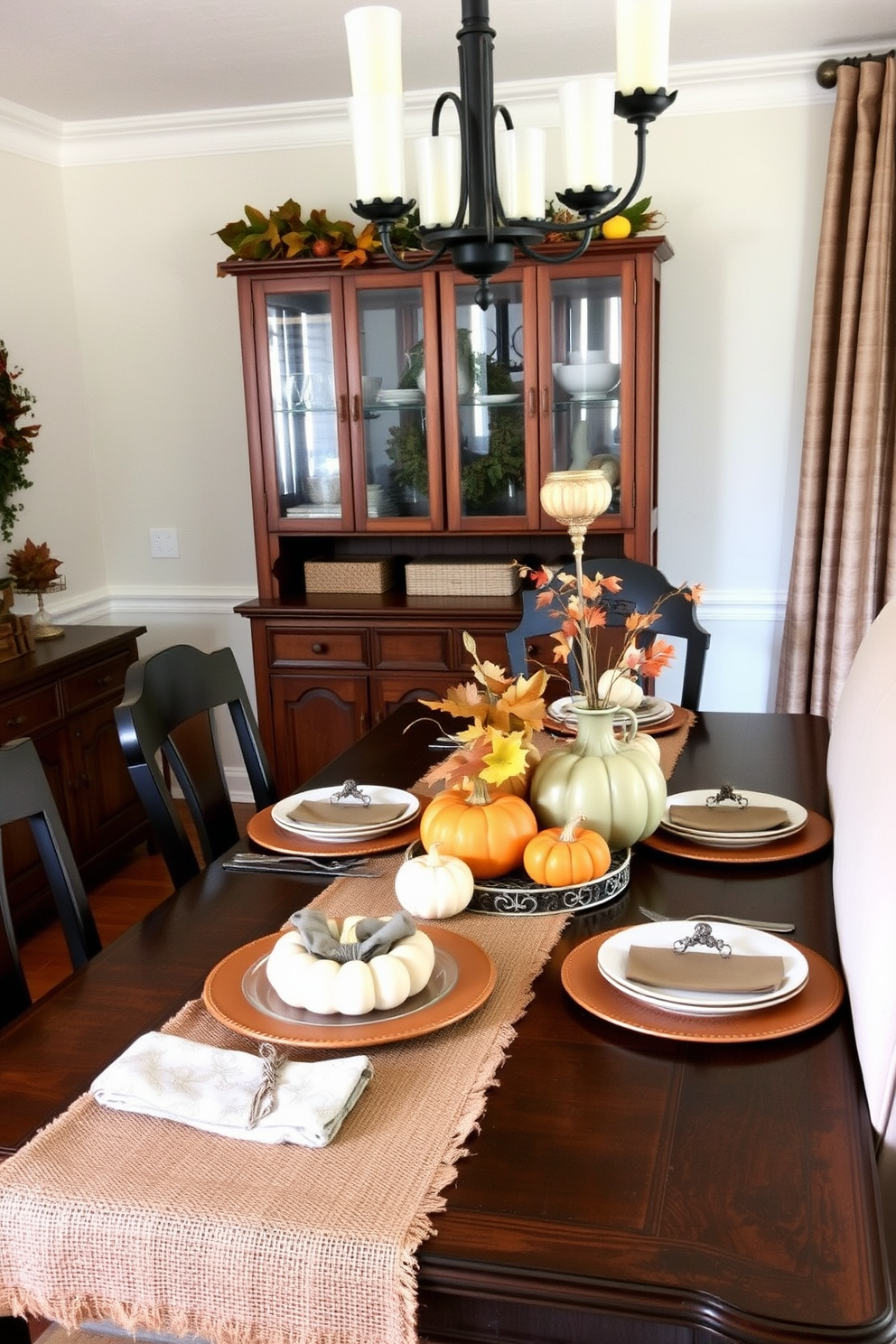 A cozy fall dining room adorned with burlap table runners that add rustic charm. The table is set with earthy-toned dishes and seasonal centerpieces featuring pumpkins and autumn leaves.