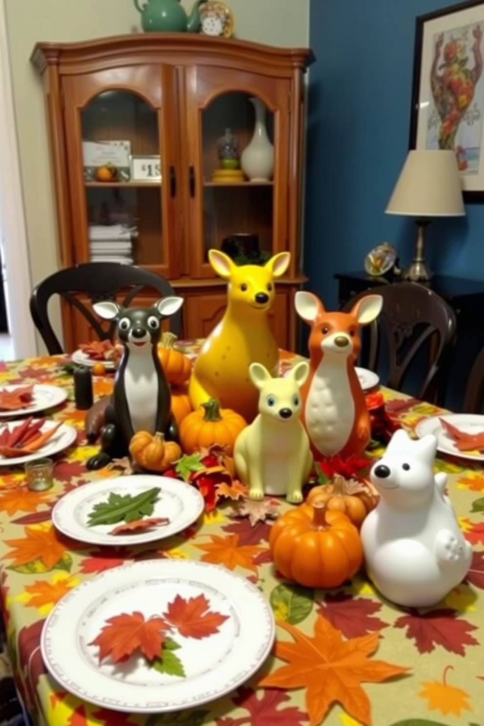 A whimsical dining room setting featuring quirky ceramic animals as table decor. The table is set with a vibrant autumn-themed tablecloth, and the ceramic animals are strategically placed among colorful leaves and small pumpkins.