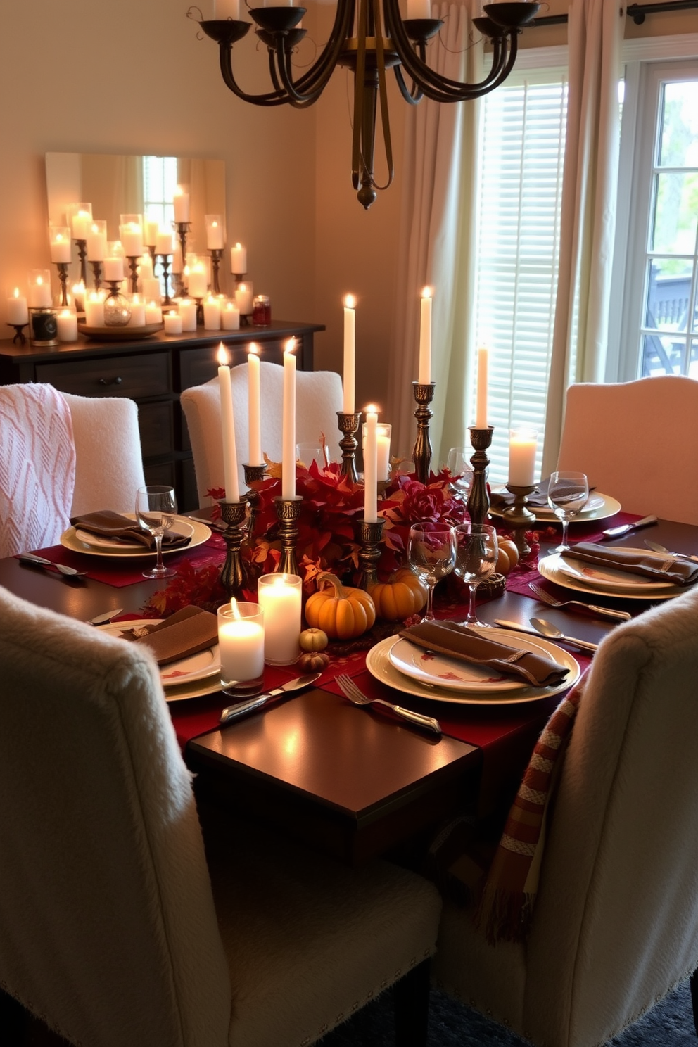 A fall dining room setting filled with candles in varying heights creates a dramatic atmosphere. The table is elegantly set with rich autumn colors, featuring a centerpiece of seasonal foliage and gourds. Soft candlelight flickers across the table, enhancing the warm tones of the place settings. Plush chairs are adorned with cozy throws, inviting guests to linger and enjoy the festive ambiance.