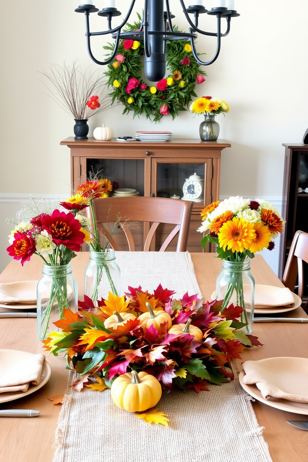 A cozy dining room adorned with seasonal flowers in mason jar vases. The table is set with warm-toned tableware, and a rustic table runner adds texture to the scene. The walls are painted in a soft cream color, enhancing the autumnal ambiance. A centerpiece of colorful leaves and small pumpkins complements the floral arrangements, creating a welcoming atmosphere for gatherings.