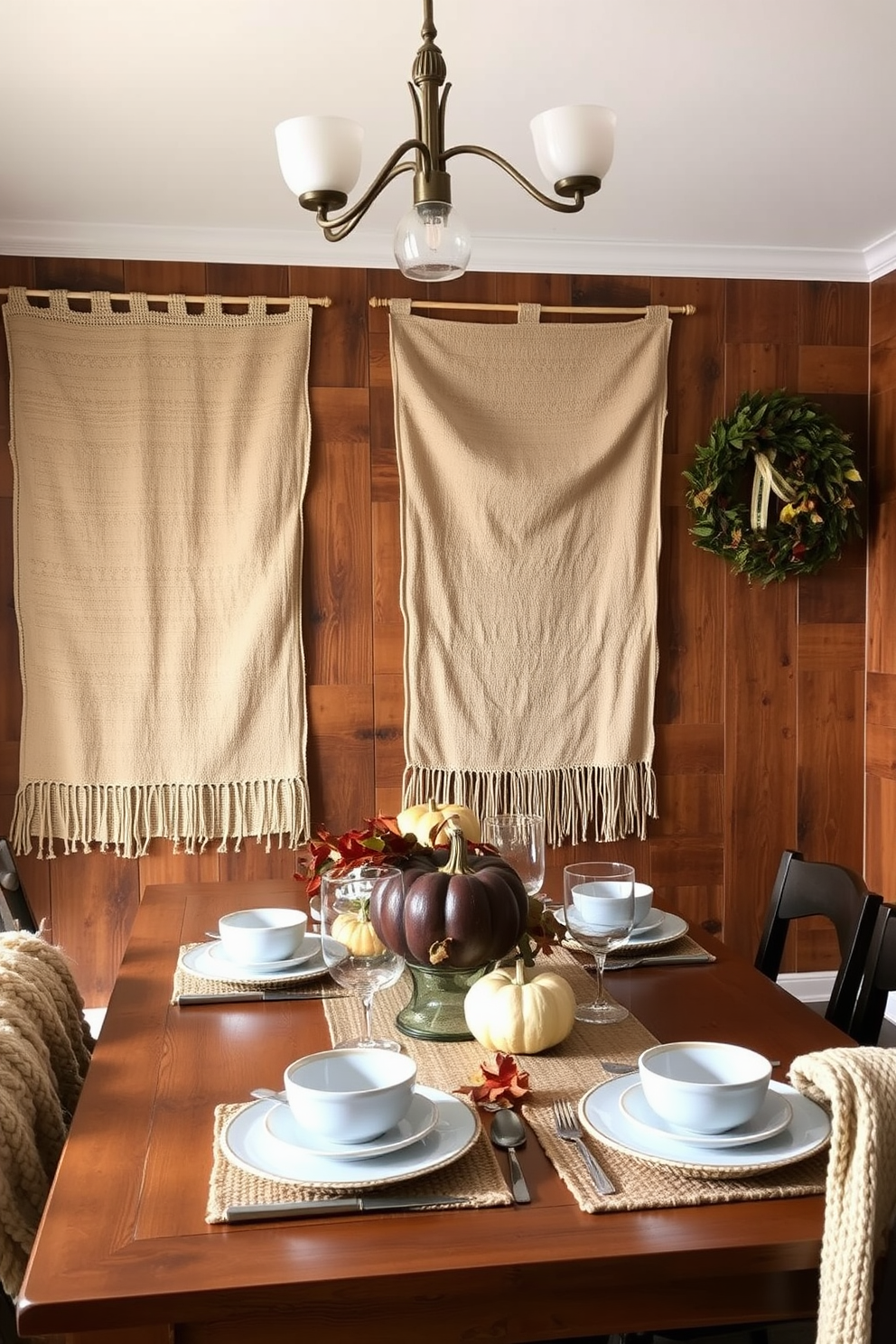 Textured wall hangings create a warm and inviting atmosphere in the dining room. Soft fabric panels in earthy tones are layered against a backdrop of rich wooden walls. Incorporate seasonal elements like pumpkins and autumn leaves to enhance the fall theme. A rustic wooden table is set with elegant dinnerware, complemented by cozy, knitted table runners.