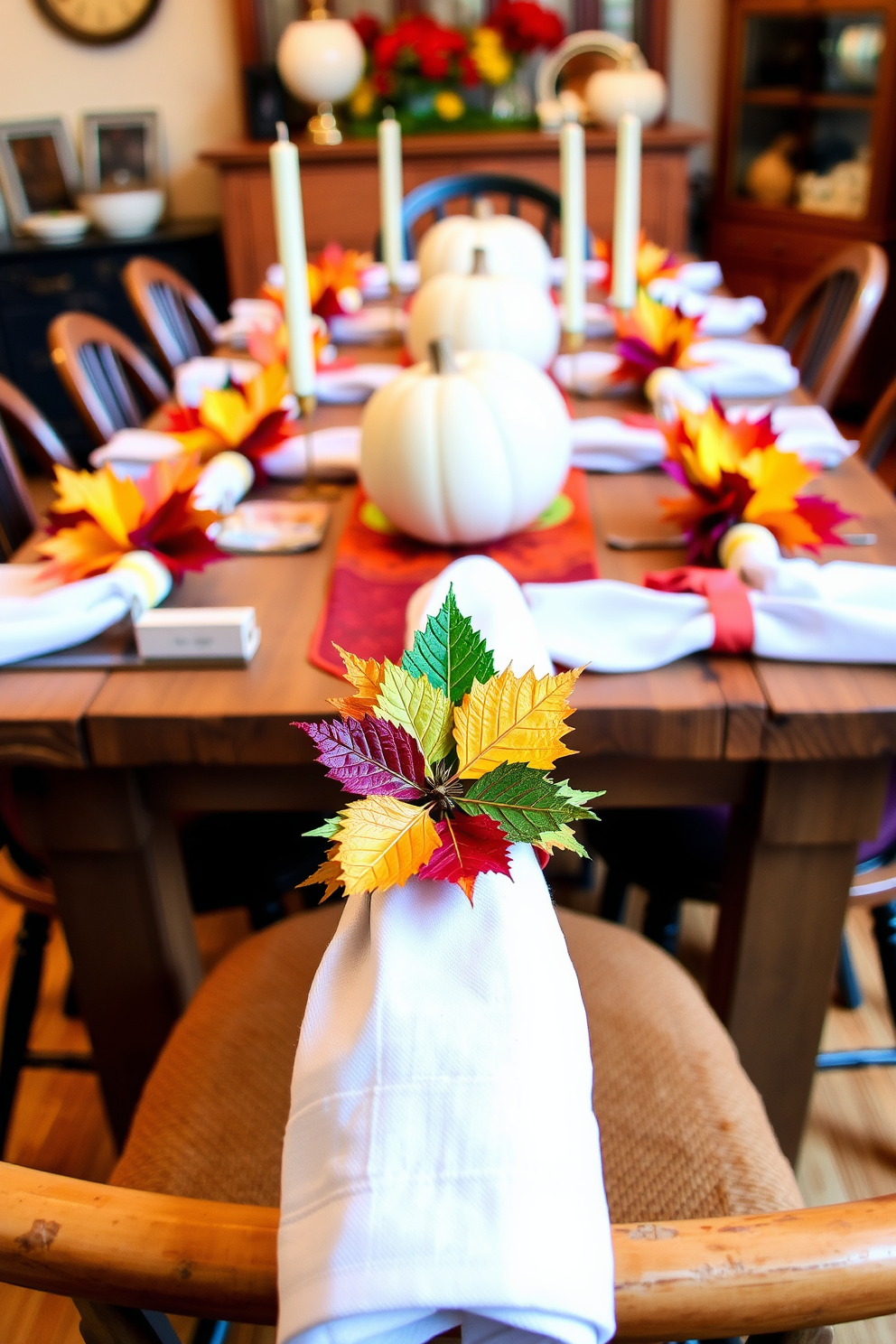 A vibrant fall dining room setting featuring colorful napkin rings adorned with autumn leaves. The table is set with a rustic wooden table and surrounded by mismatched chairs, creating a cozy and inviting atmosphere.