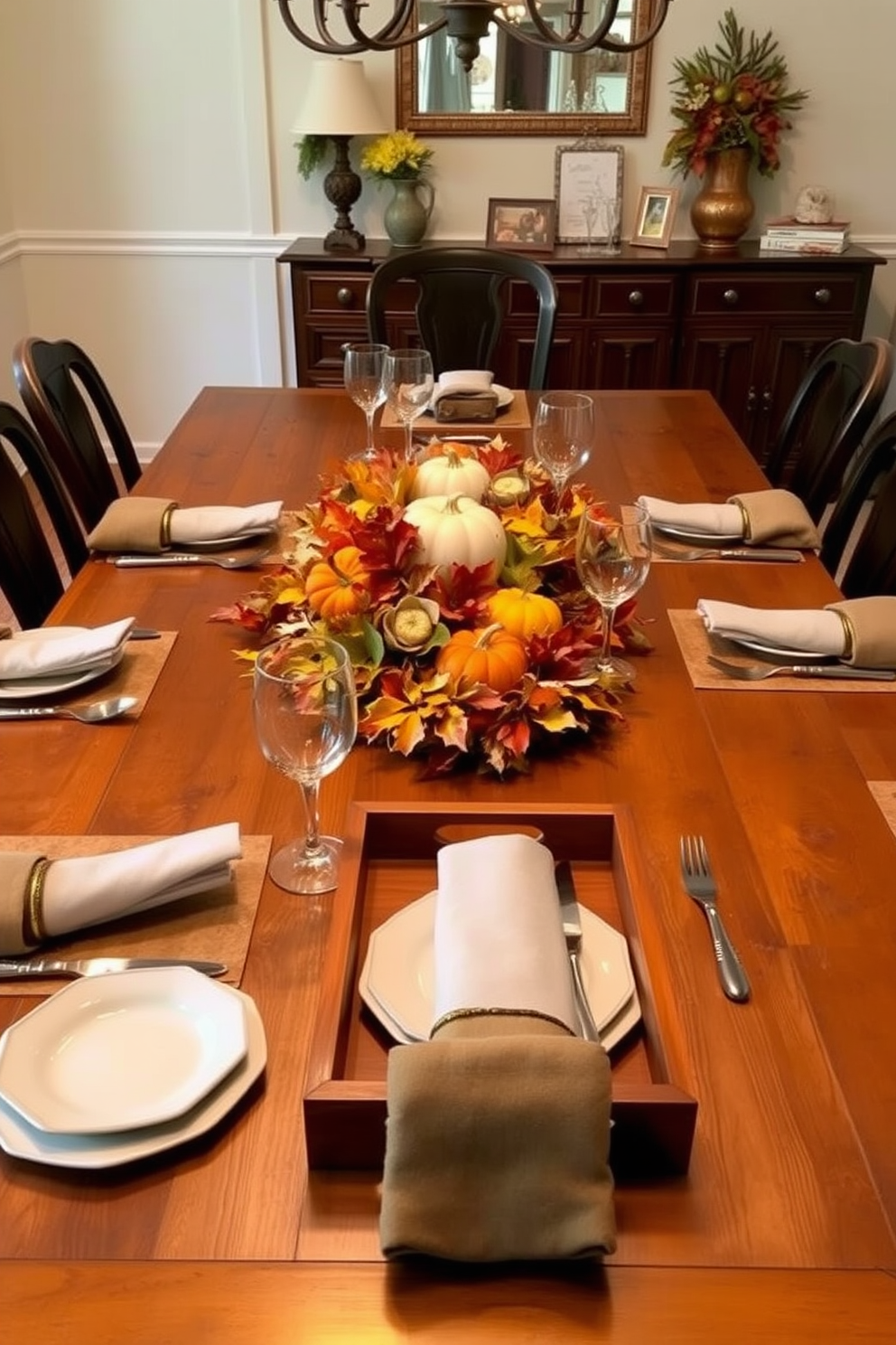 A warm and inviting dining room features a large wooden table set with elegant wooden trays for organized table settings. The table is adorned with seasonal decorations, including an array of autumn leaves and small pumpkins, creating a cozy fall atmosphere.