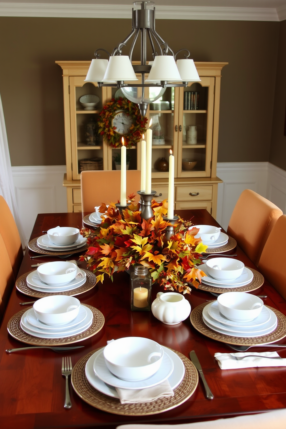 A cozy fall dining room setting featuring a wooden table set with simple white dishes that beautifully highlight vibrant seasonal colors. Surrounding the table are upholstered chairs in warm earth tones, complemented by a centerpiece of autumn leaves and candles.