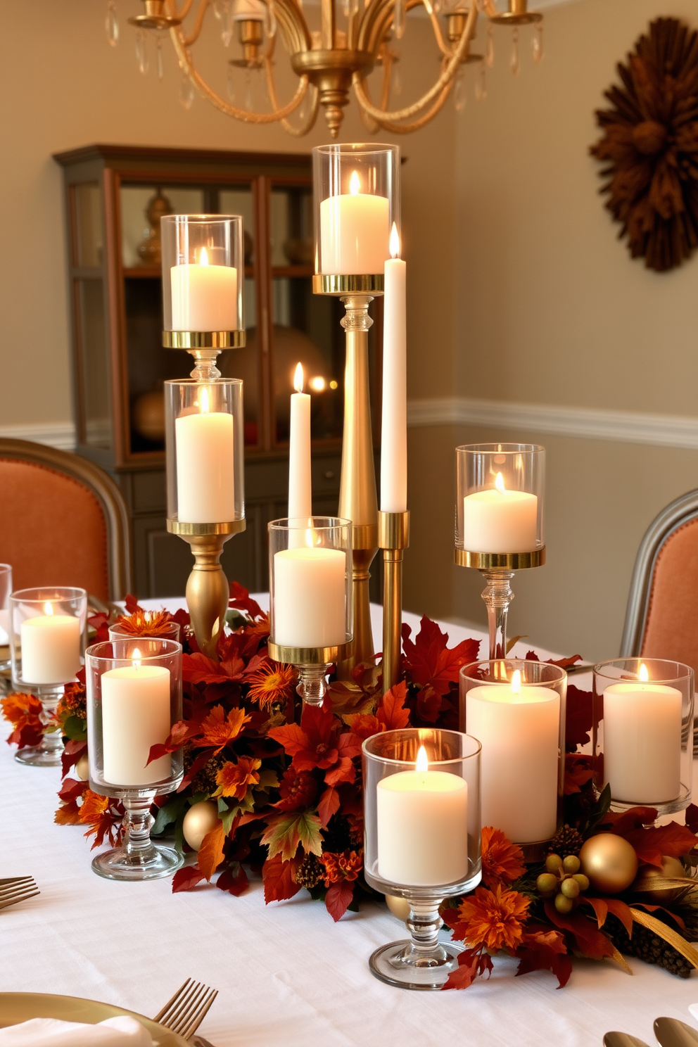 Elegant candle arrangements in glass holders create a warm and inviting atmosphere in the dining room. The soft flicker of candlelight enhances the rich autumn colors of the decor, making the space feel cozy and intimate. Set the table with a beautiful centerpiece featuring an assortment of candles in varying heights nestled among seasonal foliage. Incorporate deep oranges, burgundies, and gold accents to complement the fall theme and create a stunning visual impact.