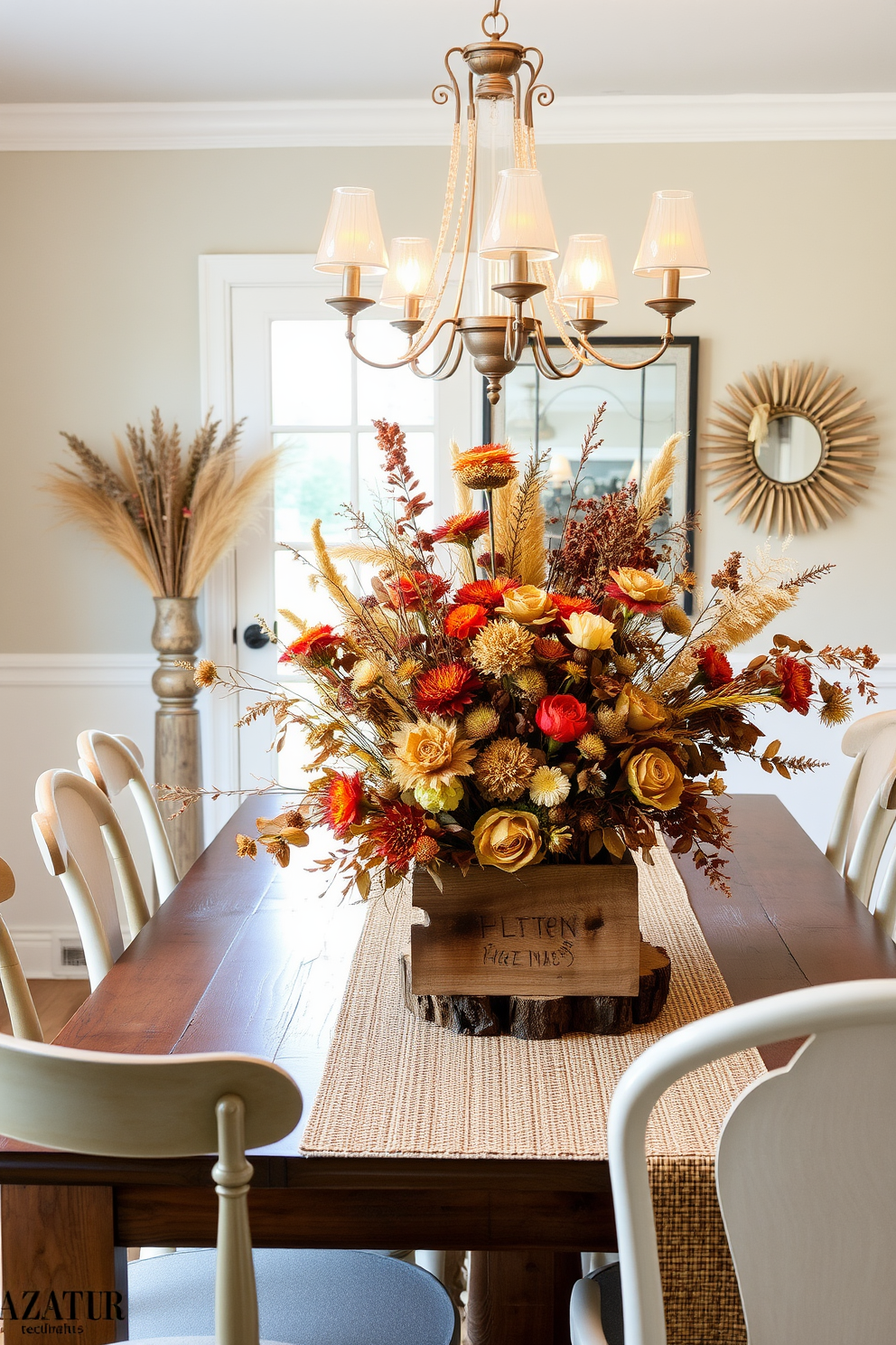 Artful arrangements of dried flowers in a cozy fall dining room. The table is set with a rustic wooden centerpiece featuring an assortment of dried blooms in warm autumn hues. Around the table, mismatched chairs create an inviting atmosphere. Soft, ambient lighting from a chandelier enhances the seasonal decor, while a woven table runner adds texture to the setting.