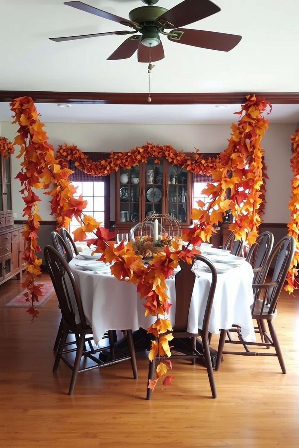 A cozy dining room adorned with autumn leaf garlands draped elegantly across the tables. The warm hues of orange and gold create a welcoming atmosphere, complemented by rustic wooden chairs and a harvest-themed centerpiece.