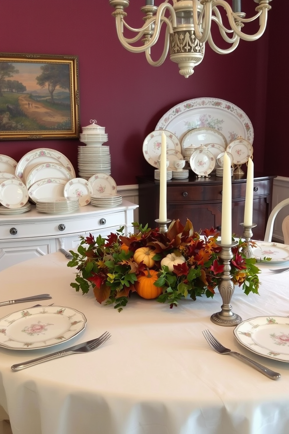 A vintage china display is elegantly arranged on a sideboard, showcasing delicate floral patterns and intricate gold trim. The dining table is adorned with a classic tablecloth, complemented by antique silverware and soft candlelight for a warm ambiance. The walls are painted in a rich burgundy hue, enhancing the room's cozy atmosphere. A centerpiece of seasonal foliage and small pumpkins adds a festive touch, inviting guests to gather and enjoy the fall season.