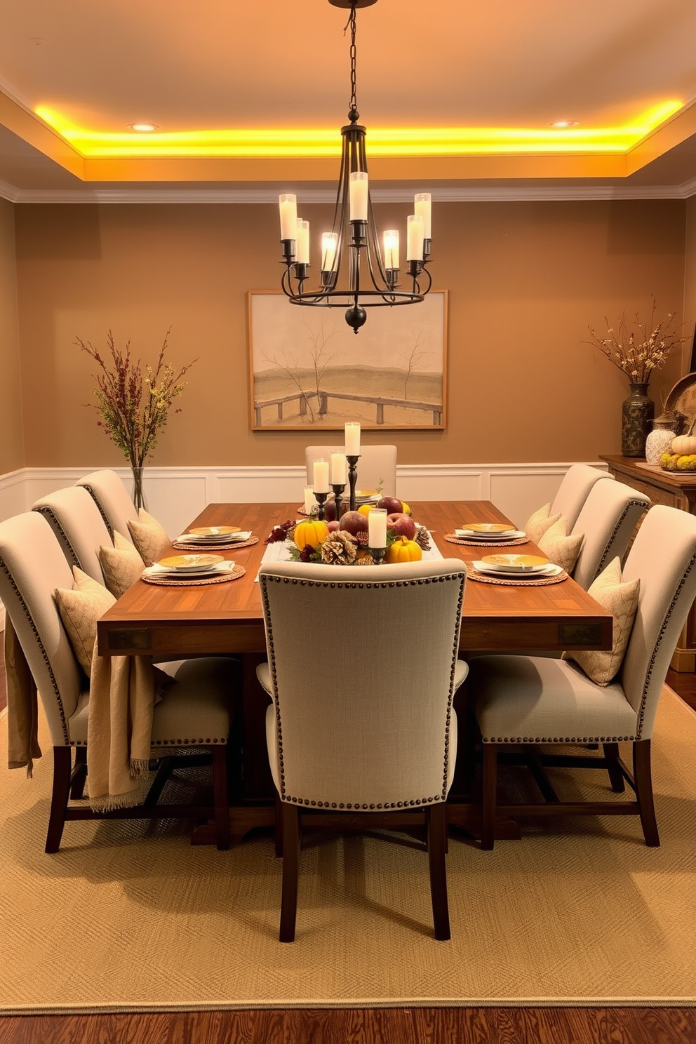 A cozy fall dining room setting featuring a large wooden table surrounded by upholstered chairs. The table is adorned with layered textures, including soft throw blankets draped over the back of the chairs and a centerpiece of seasonal fruits and candles. Warm golden lighting illuminates the space, creating an inviting atmosphere. The walls are painted in a warm taupe, and a rustic sideboard displays decorative autumn accents.