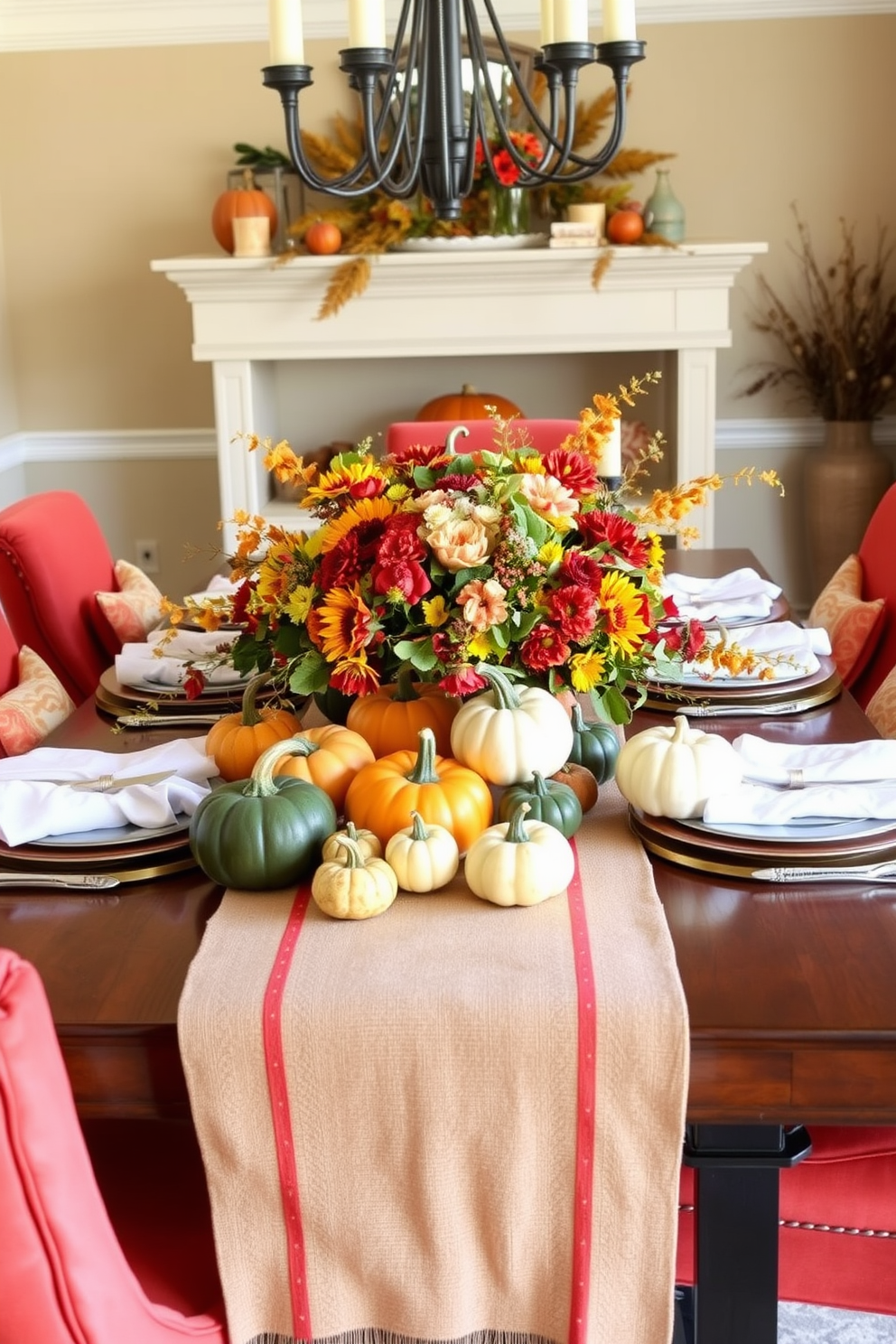 A vibrant fall dining room setting filled with colorful gourds and seasonal florals. The table is elegantly set with a rustic table runner, showcasing an array of pumpkins and autumn blooms in warm hues. Surrounding the table, there are plush upholstered chairs in rich earth tones. Soft, ambient lighting highlights the natural textures and colors, creating a cozy atmosphere perfect for gatherings.