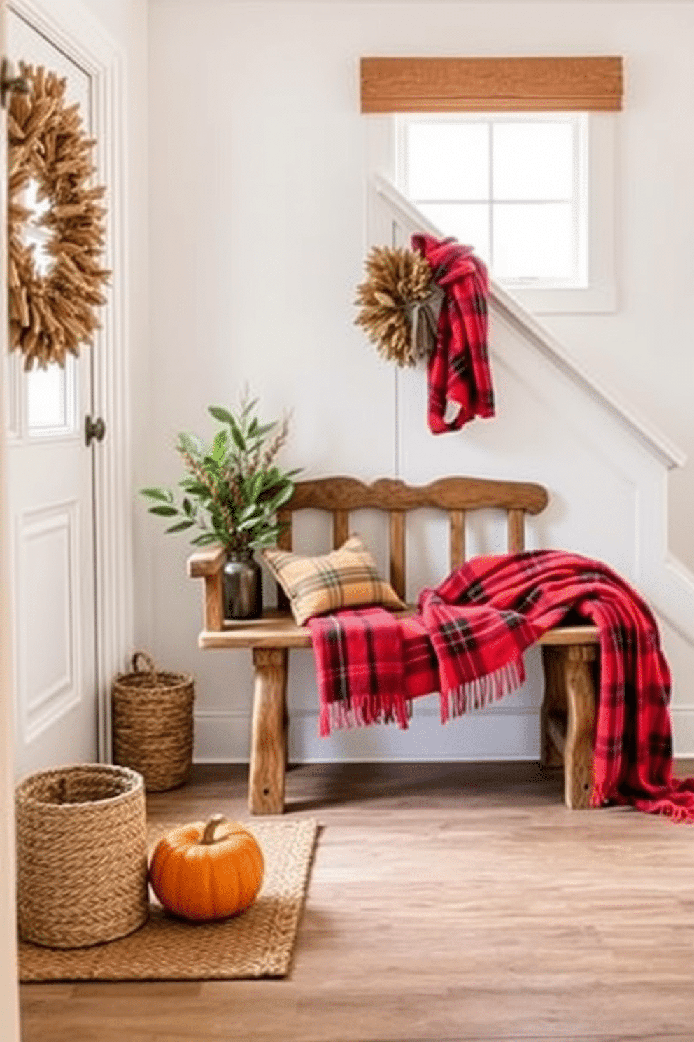 A cozy fall entryway features a rustic wooden bench adorned with warm plaid throw blankets in shades of red and orange. The space is illuminated by soft natural light filtering through a nearby window, enhancing the inviting atmosphere.