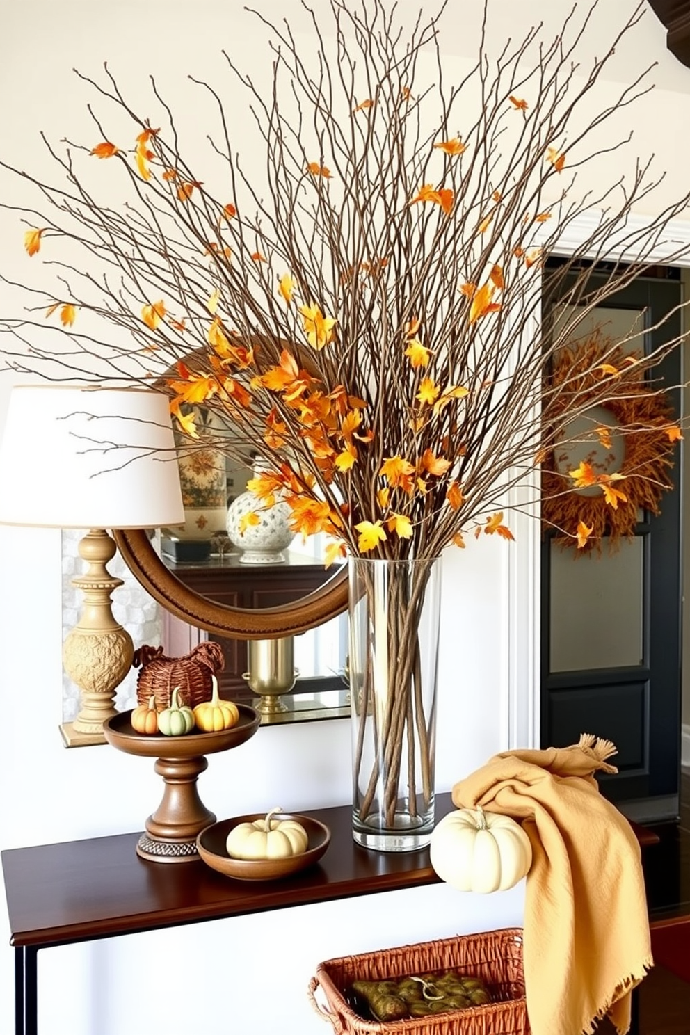 Create a stunning fall entryway featuring oversized branches arranged in a tall vase. The vase is placed on a console table adorned with seasonal decor, including small pumpkins and cozy textiles.