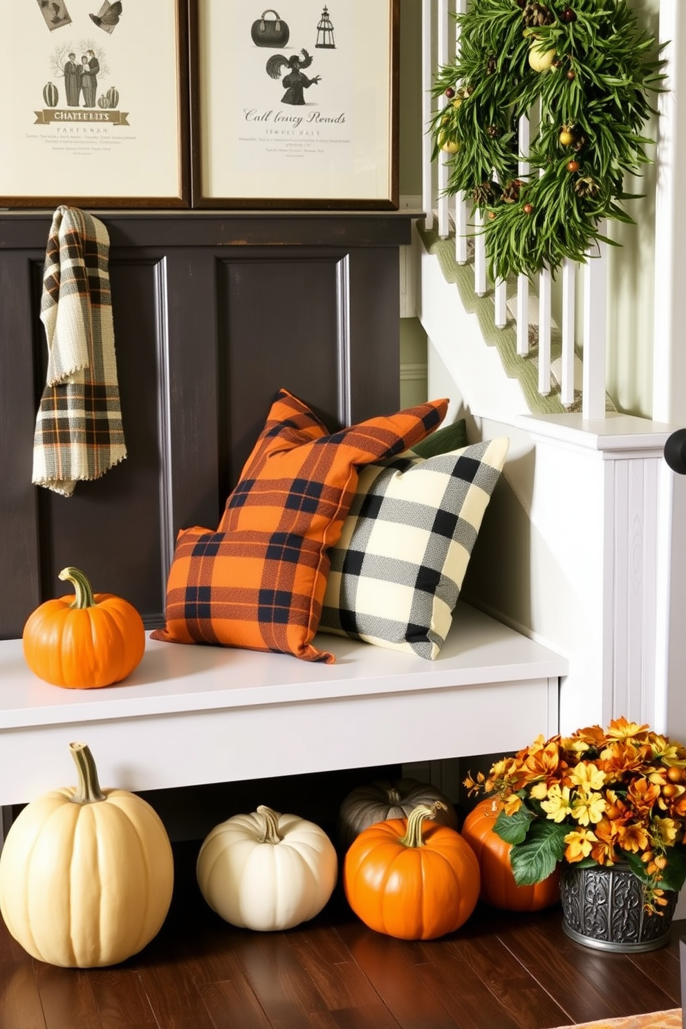 A cozy entryway seating area features a stylish bench adorned with plaid pillows in warm autumn hues. Surrounding the space are decorative elements like pumpkins and seasonal foliage, creating a welcoming atmosphere for fall.