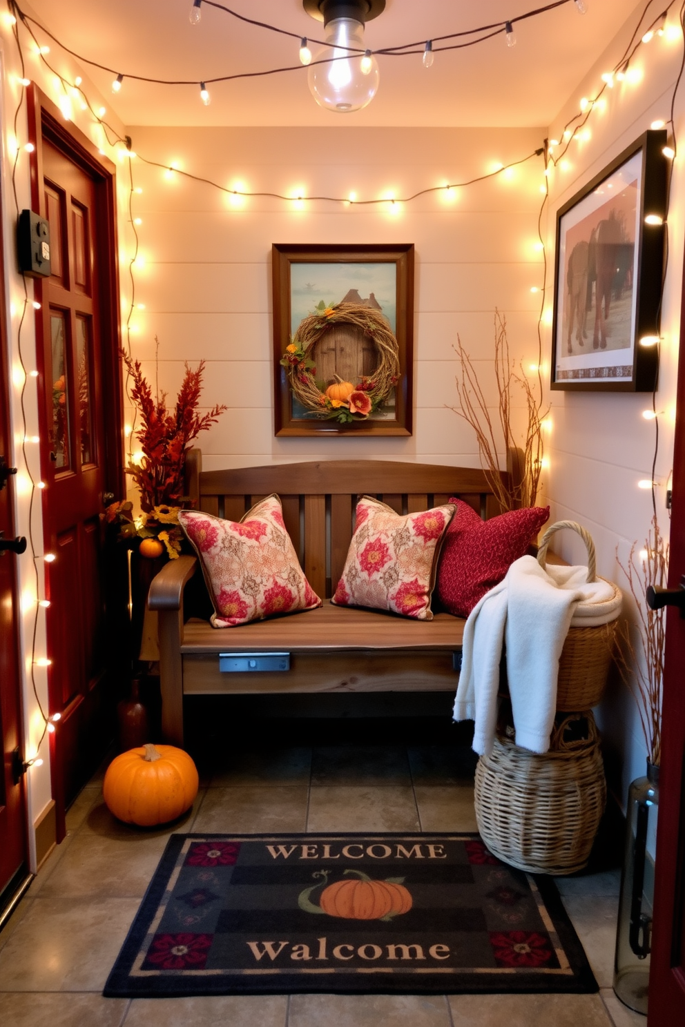 A cozy fall entryway adorned with string lights creates a warm and inviting atmosphere. The space features a rustic wooden bench with colorful throw pillows and a woven basket filled with seasonal gourds. On the walls, autumn-themed artwork complements the warm glow of the string lights. A welcome mat with a charming design sits at the entrance, enhancing the overall seasonal decor.