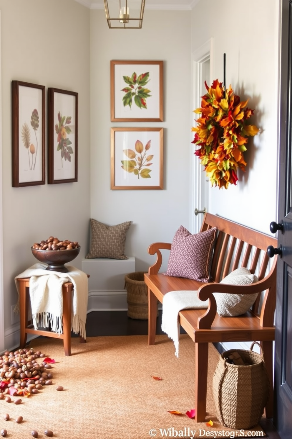 A welcoming entryway adorned with natural elements such as acorns and vibrant leaves. The floor is covered with a warm, rustic rug, and a wooden bench is placed against the wall, topped with a cozy throw blanket. On the walls, framed botanical prints celebrate the beauty of autumn. A decorative bowl filled with acorns sits on a small side table, while a wreath made of leaves hangs gracefully on the door.