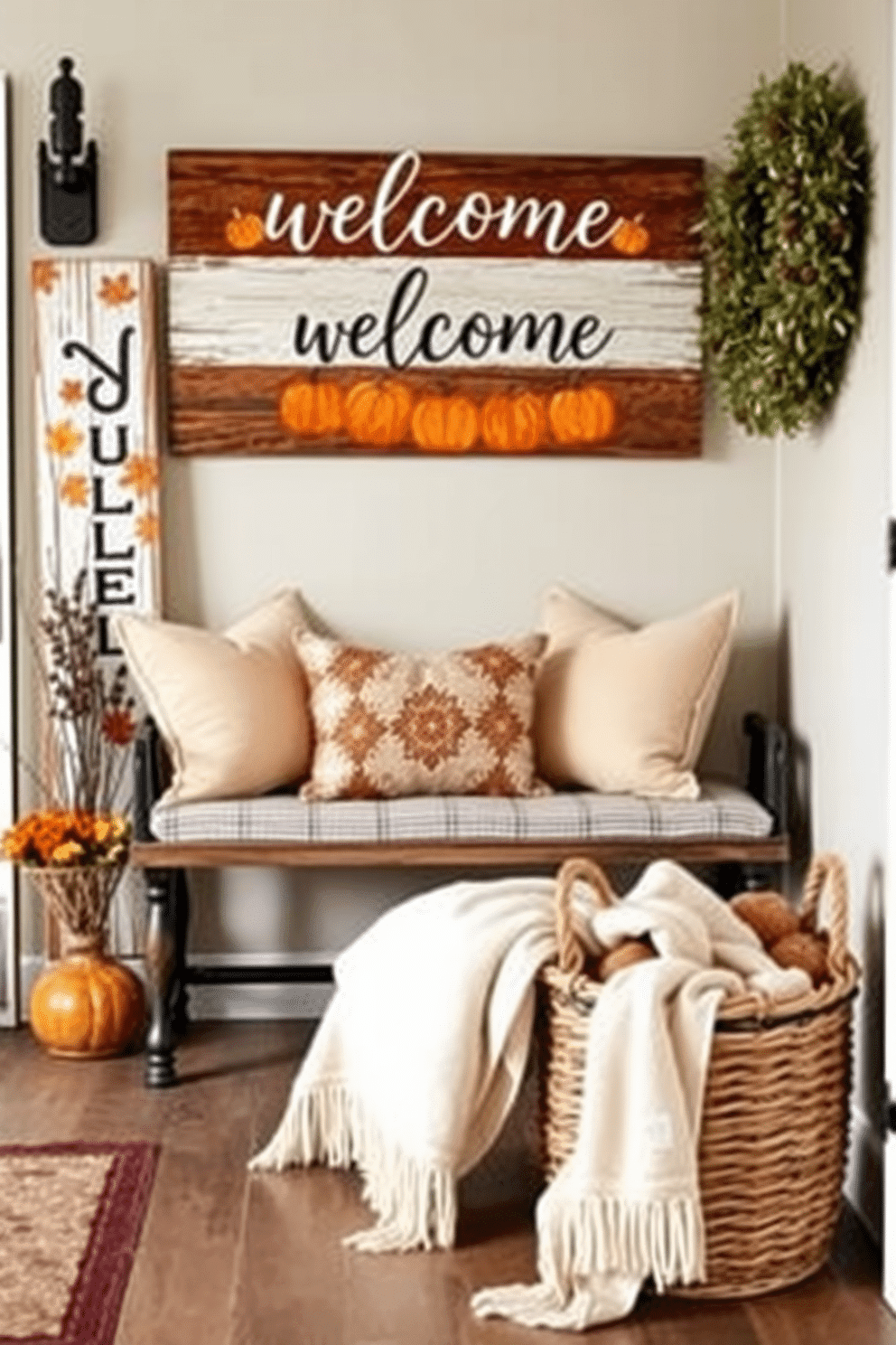 A charming welcome sign adorned with fall motifs welcomes guests into a cozy entryway. The sign features warm colors like orange and gold, surrounded by seasonal decorations such as pumpkins and autumn leaves. The entryway showcases a beautiful arrangement of decorative elements that reflect the essence of fall. A rustic bench is placed against the wall, complemented by soft throw pillows in earthy tones and a woven basket filled with cozy blankets.