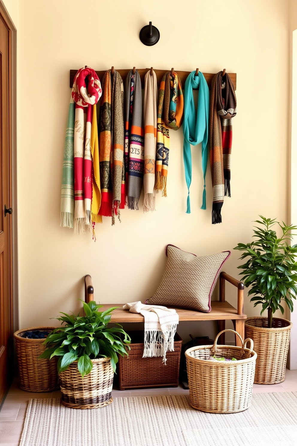 Colorful scarves are draped elegantly over a vintage wooden coat rack, adding a vibrant touch to the entryway. The walls are painted a soft cream, creating a warm backdrop for the array of scarves in various patterns and hues. A rustic bench sits against the wall, adorned with a cozy throw pillow that complements the scarves. Potted plants in woven baskets flank the entrance, enhancing the inviting atmosphere of the space.