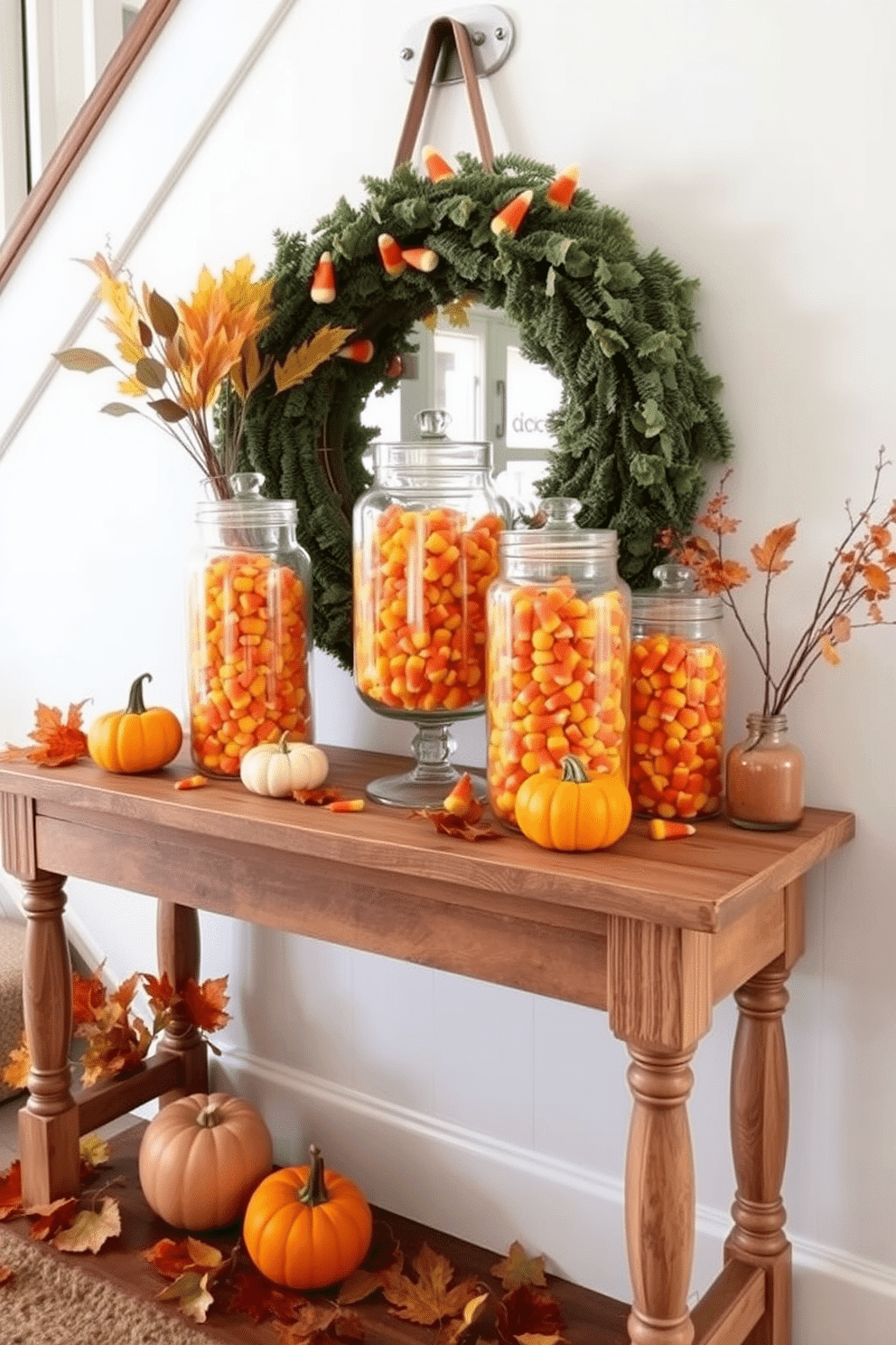 A charming fall entryway adorned with glass jars filled with colorful candy corn. The jars are placed on a rustic wooden console table, complemented by small pumpkins and autumn leaves scattered around.