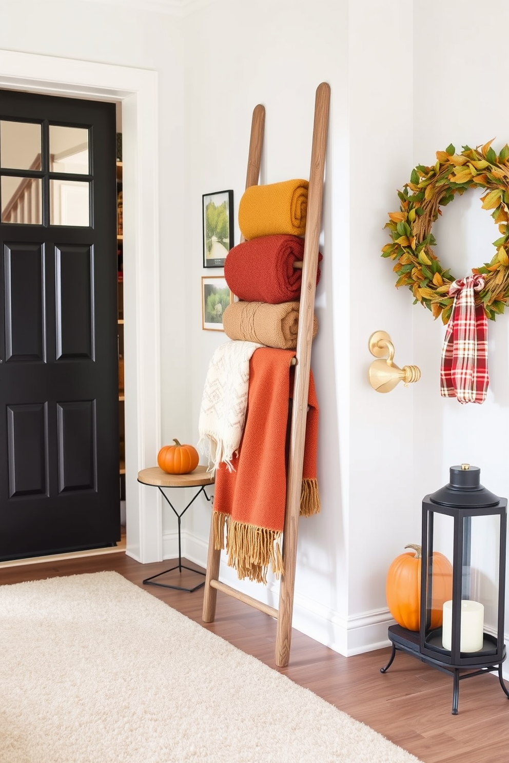 A decorative ladder stands against the wall in the entryway, elegantly showcasing a collection of cozy fall blankets in warm hues. The floor is adorned with a soft area rug, and a small side table nearby holds a pumpkin and a lantern, creating a welcoming autumn atmosphere.