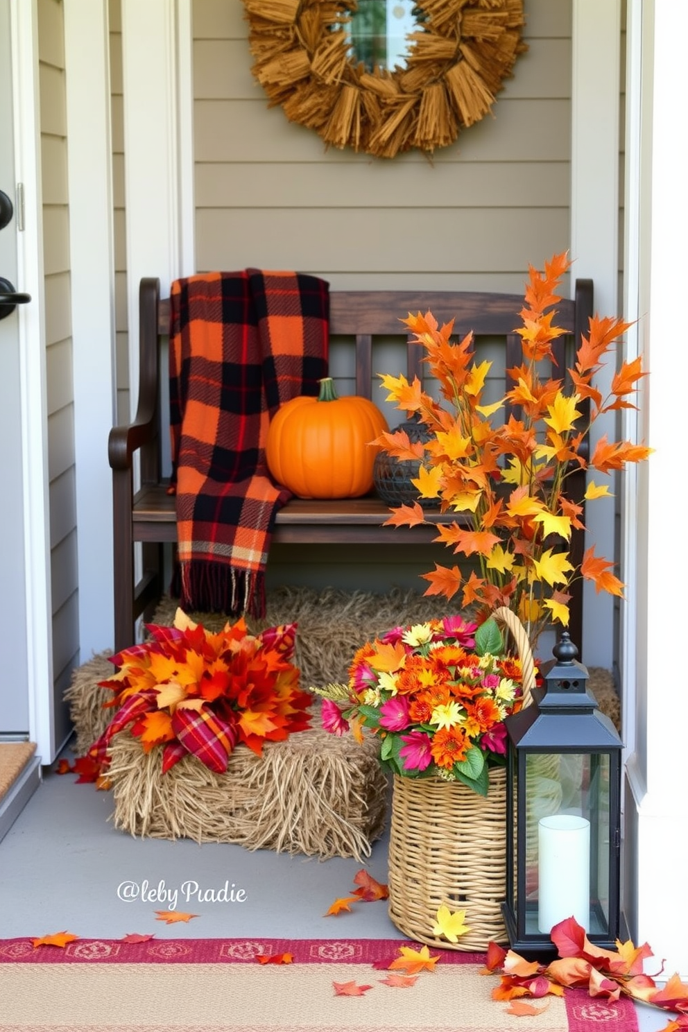 A cozy fall entryway adorned with small hay bales creates a rustic charm. The space features a wooden bench draped with a warm plaid blanket, and a decorative pumpkin sits atop the bales. Brightly colored leaves and seasonal flowers are arranged in a woven basket by the door. Soft lighting from a lantern enhances the inviting atmosphere of the entryway.