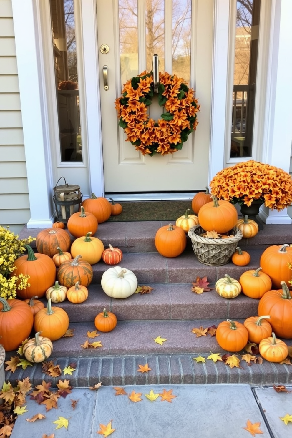 A warm and inviting fall entryway features a charming arrangement of pumpkins and gourds on the steps. The vibrant colors of orange, yellow, and green create a festive atmosphere, complemented by soft autumn foliage scattered around.