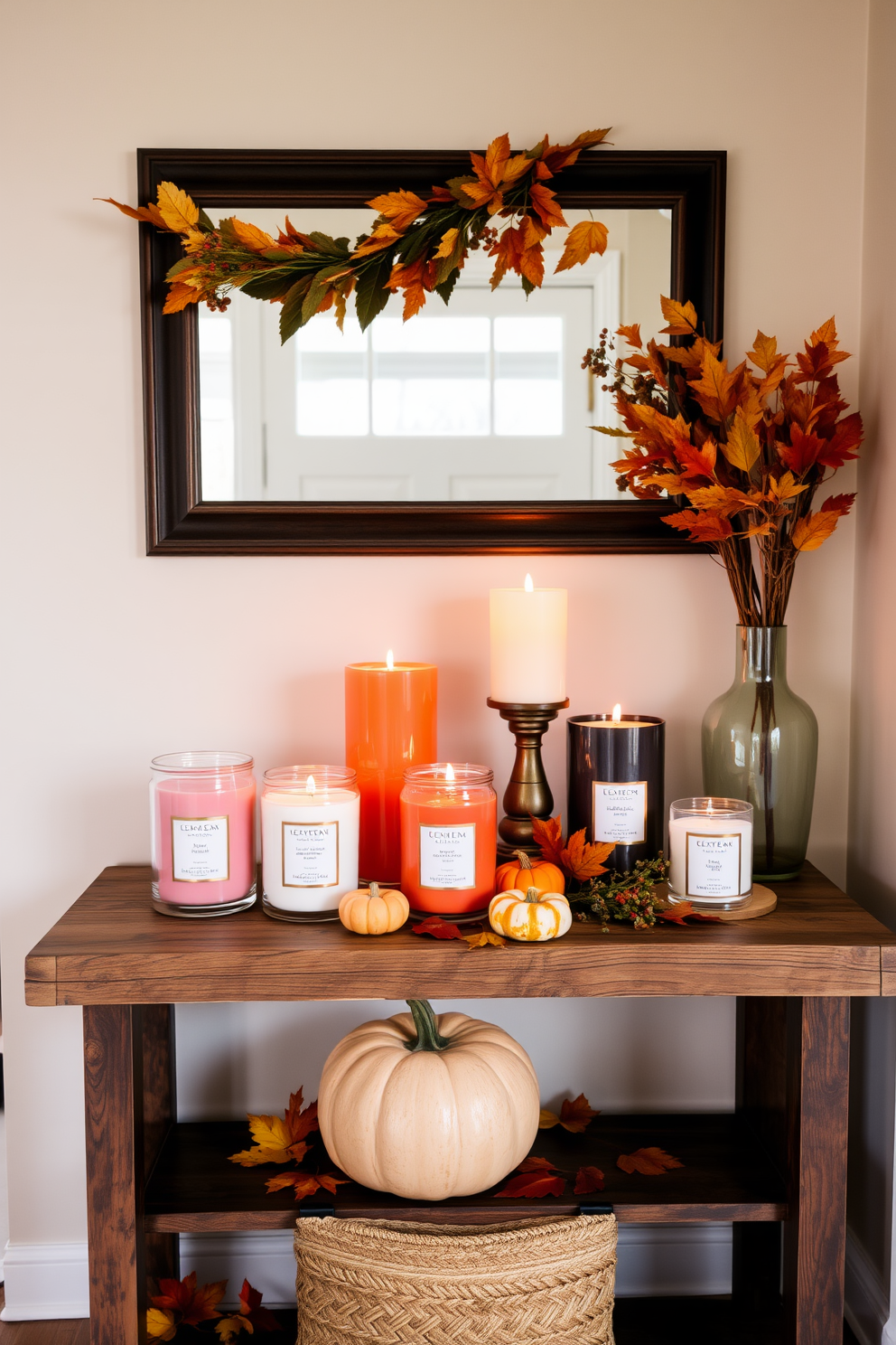 A warm and inviting fall entryway features a collection of seasonal scented candles arranged on a rustic wooden console table. The candles are in various autumnal hues, surrounded by small pumpkins and colorful leaves to enhance the cozy atmosphere.