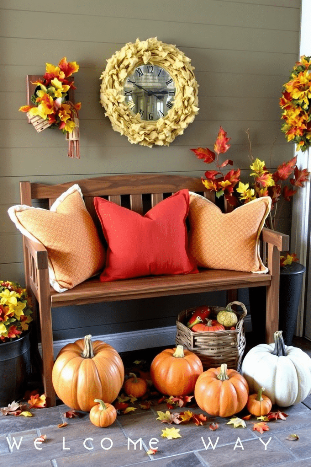 A welcoming fall entryway features a wooden bench adorned with cozy cushions in warm autumn hues. Surrounding the bench are seasonal decorations like pumpkins and colorful leaves, creating a cheerful and inviting atmosphere.