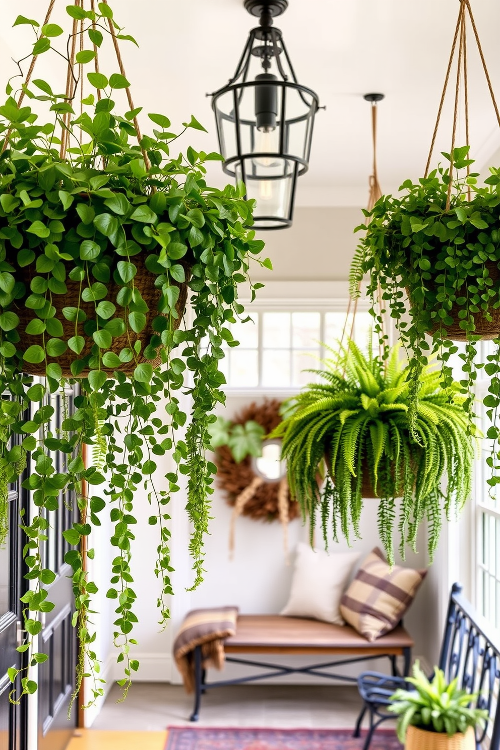 Hanging planters adorned with lush trailing greenery create a vibrant and inviting atmosphere in the fall entryway. The planters are suspended from the ceiling, showcasing a mix of cascading ivy and delicate ferns that bring life to the space. Decorative elements such as a warm-toned welcome mat and a rustic bench enhance the cozy feel of the entryway. Soft lighting from a stylish pendant fixture illuminates the area, highlighting the rich autumn colors of the foliage.