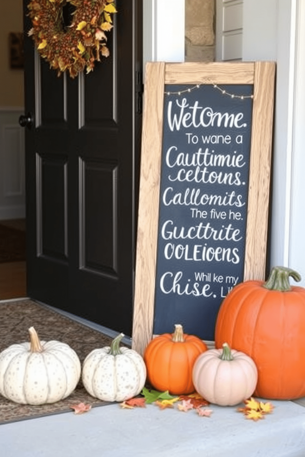 Chalkboard sign featuring warm autumn quotes welcomes guests into a cozy entryway. Surrounding the sign, decorative pumpkins and colorful leaves create a festive atmosphere.