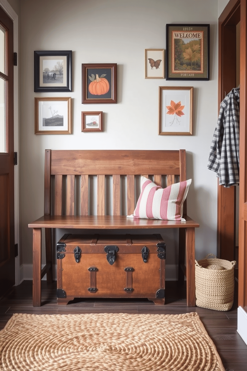 A rustic wooden bench sits against the wall, providing a warm and inviting focal point for the entryway. Beneath the bench, a vintage trunk adds charm and serves as practical storage for shoes and seasonal items. The walls are adorned with a collection of autumn-themed artwork, featuring warm colors and natural elements. A cozy woven rug lies at the entrance, enhancing the welcoming atmosphere of the fall entryway.