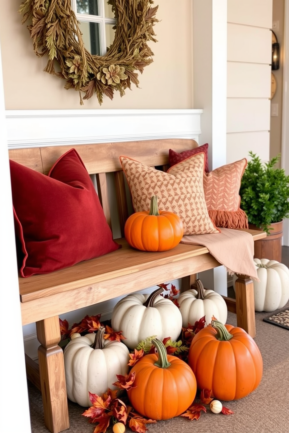 Fall themed throw pillows for comfort. Soft fabrics in warm tones like burnt orange and deep burgundy create a cozy atmosphere. A welcoming fall entryway features a rustic wooden bench adorned with seasonal decor. Pumpkins and autumn leaves are artfully arranged, inviting guests into your home.